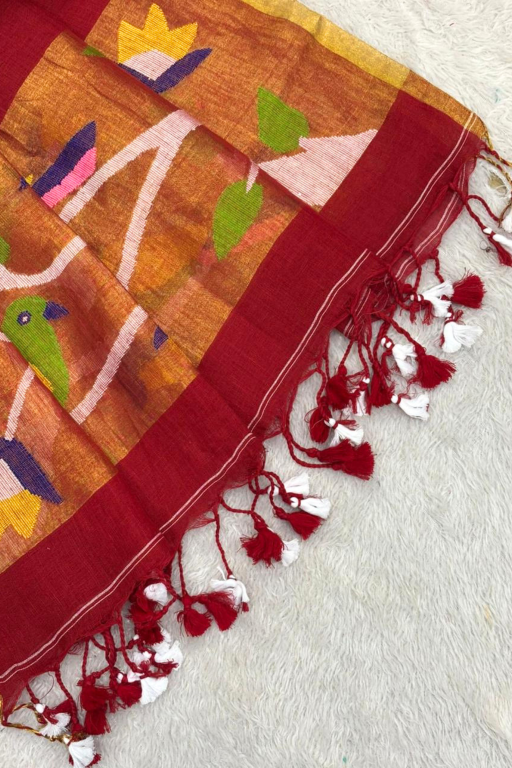 Linen Paithani Jamdani 2 Pc Set – Red