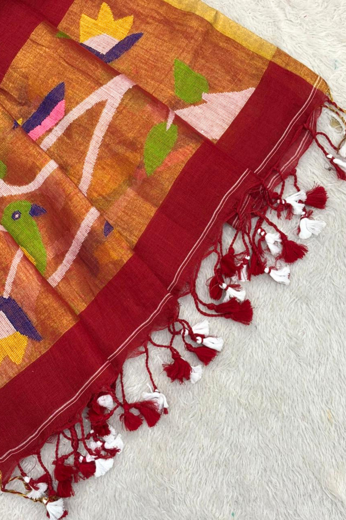 Linen Paithani Jamdani 2 Pc Set – Red