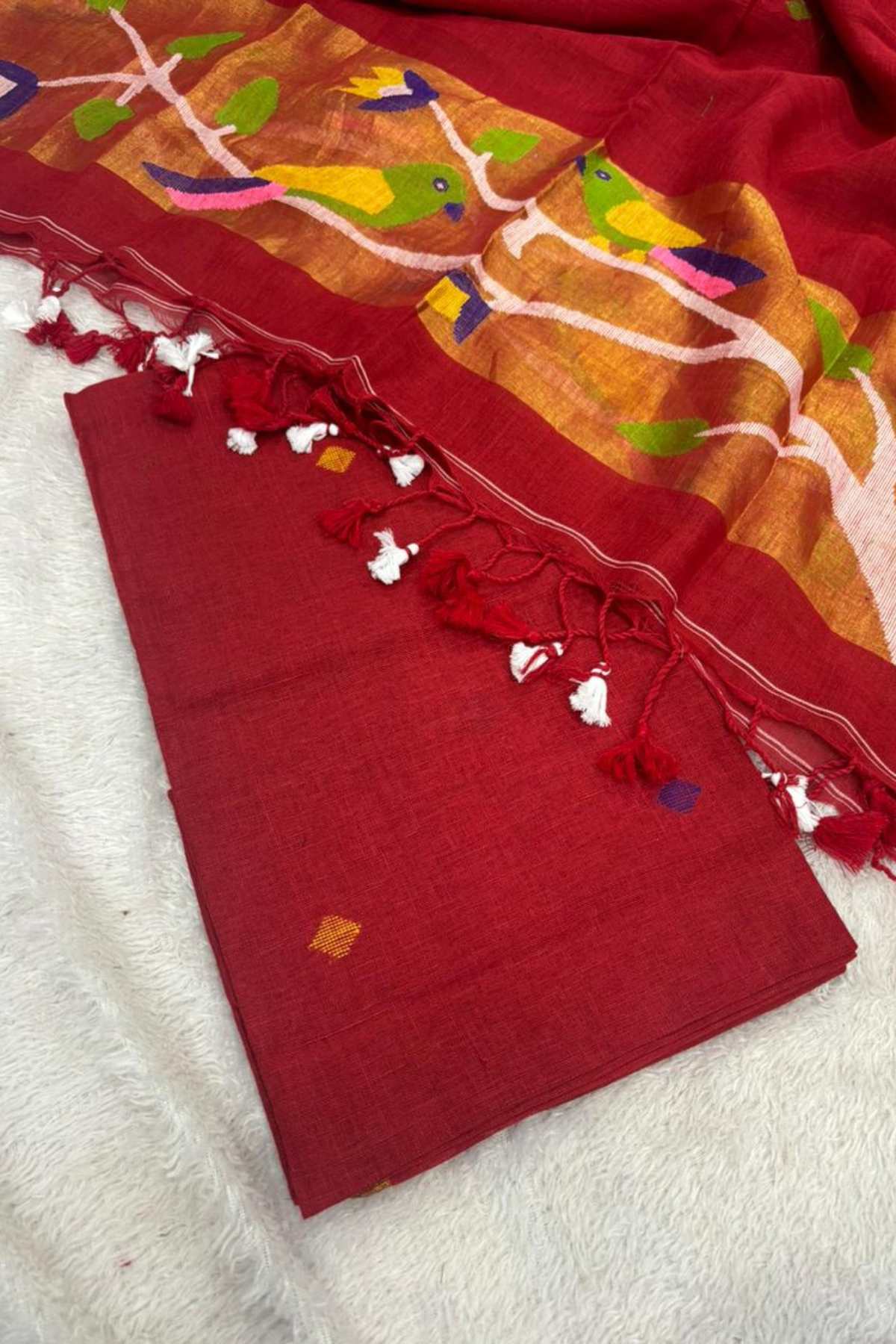 Linen Paithani Jamdani 2 Pc Set – Red
