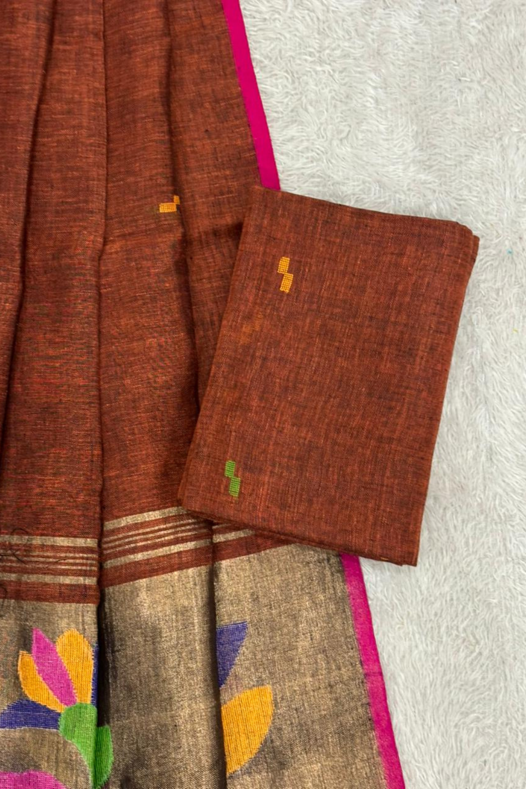 Linen Paithani Jamdani 2 Pc Set – Rust Orange