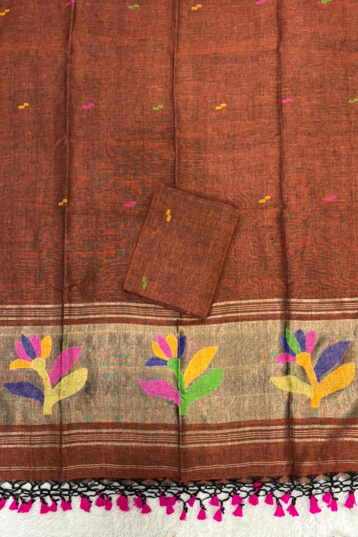 Linen Paithani Jamdani 2 Pc Set – Rust Orange