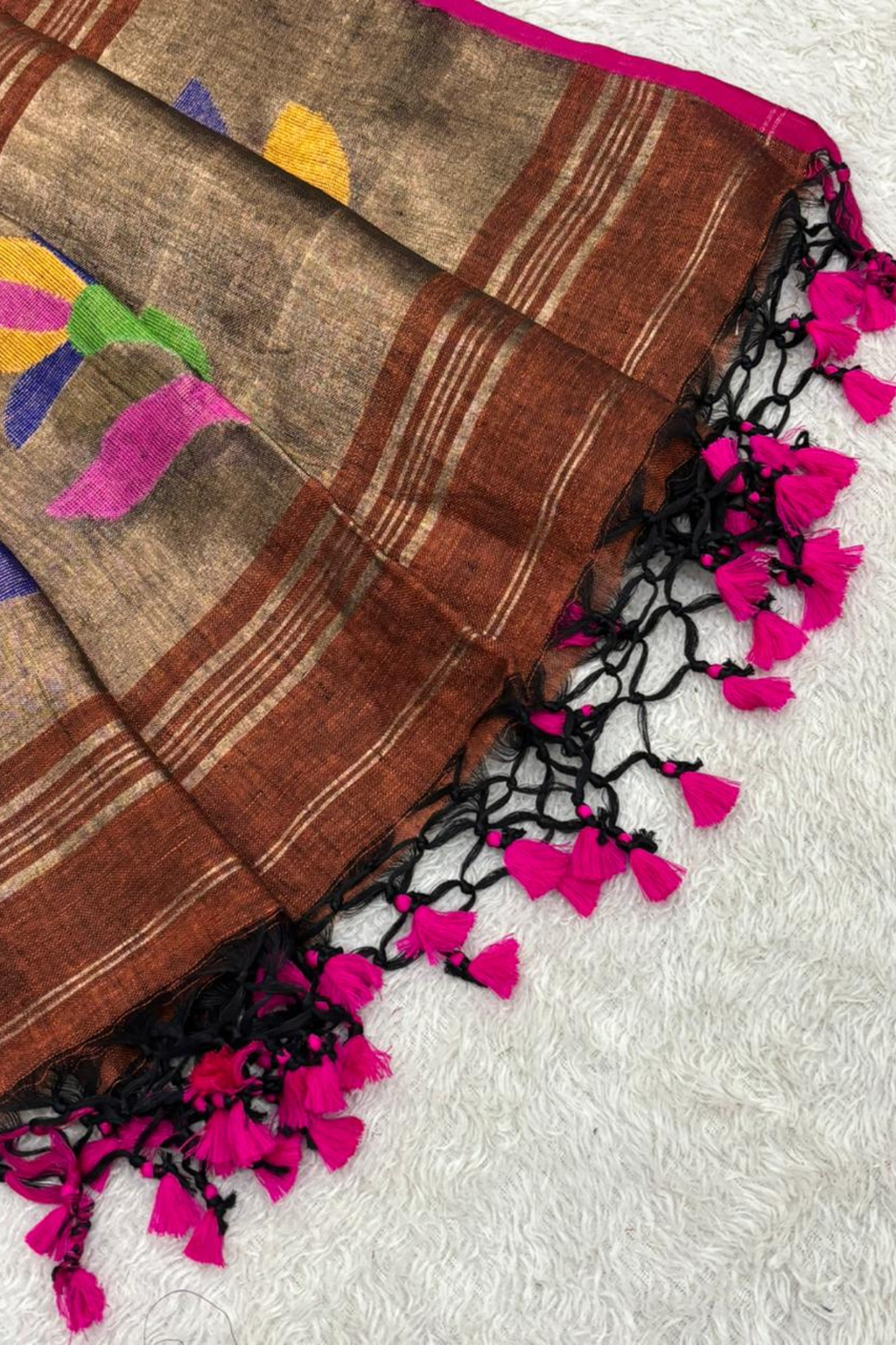 Linen Paithani Jamdani 2 Pc Set – Rust Orange