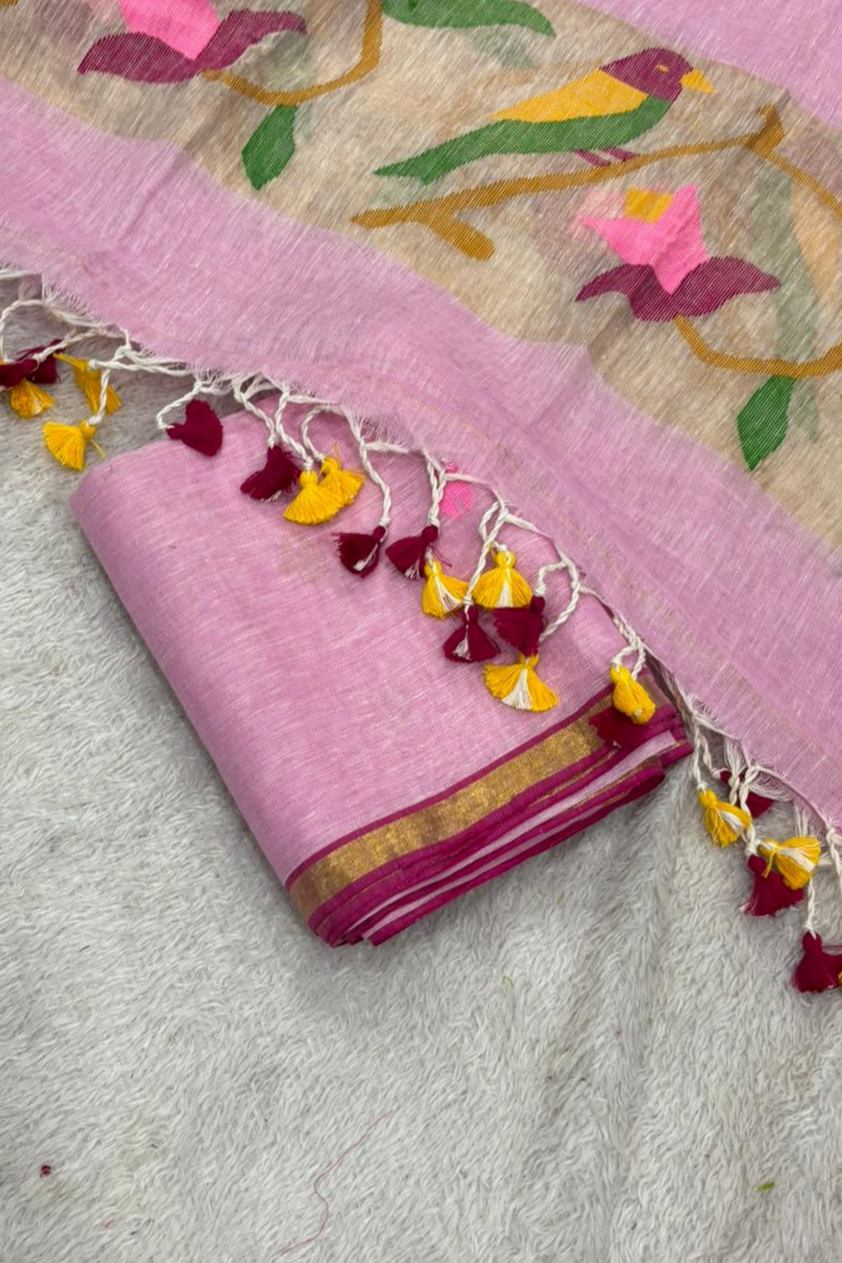 Linen Paithani Jamdani 2 Pc Set – Baby Pink