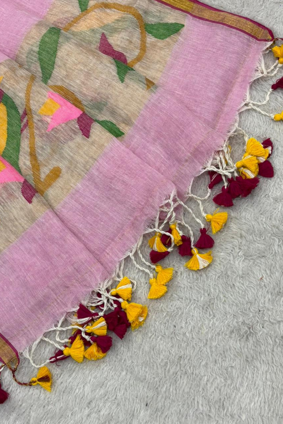 Linen Paithani Jamdani 2 Pc Set – Baby Pink