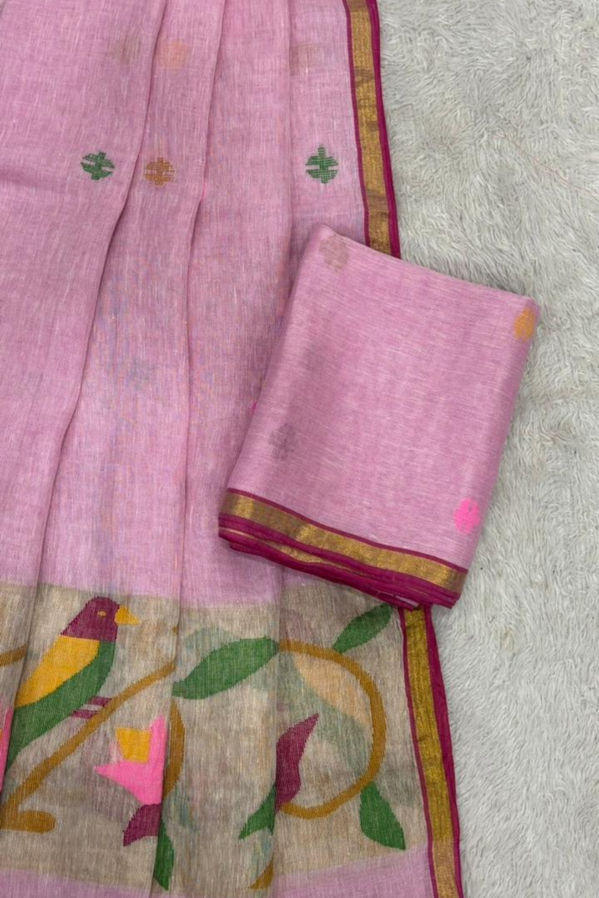 Linen Paithani Jamdani 2 Pc Set – Baby Pink