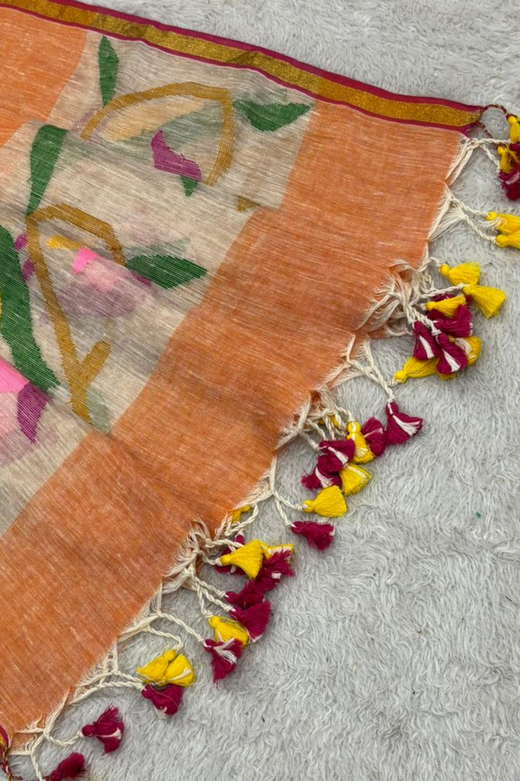 Linen Paithani Jamdani 2 Pc Set – Light orange