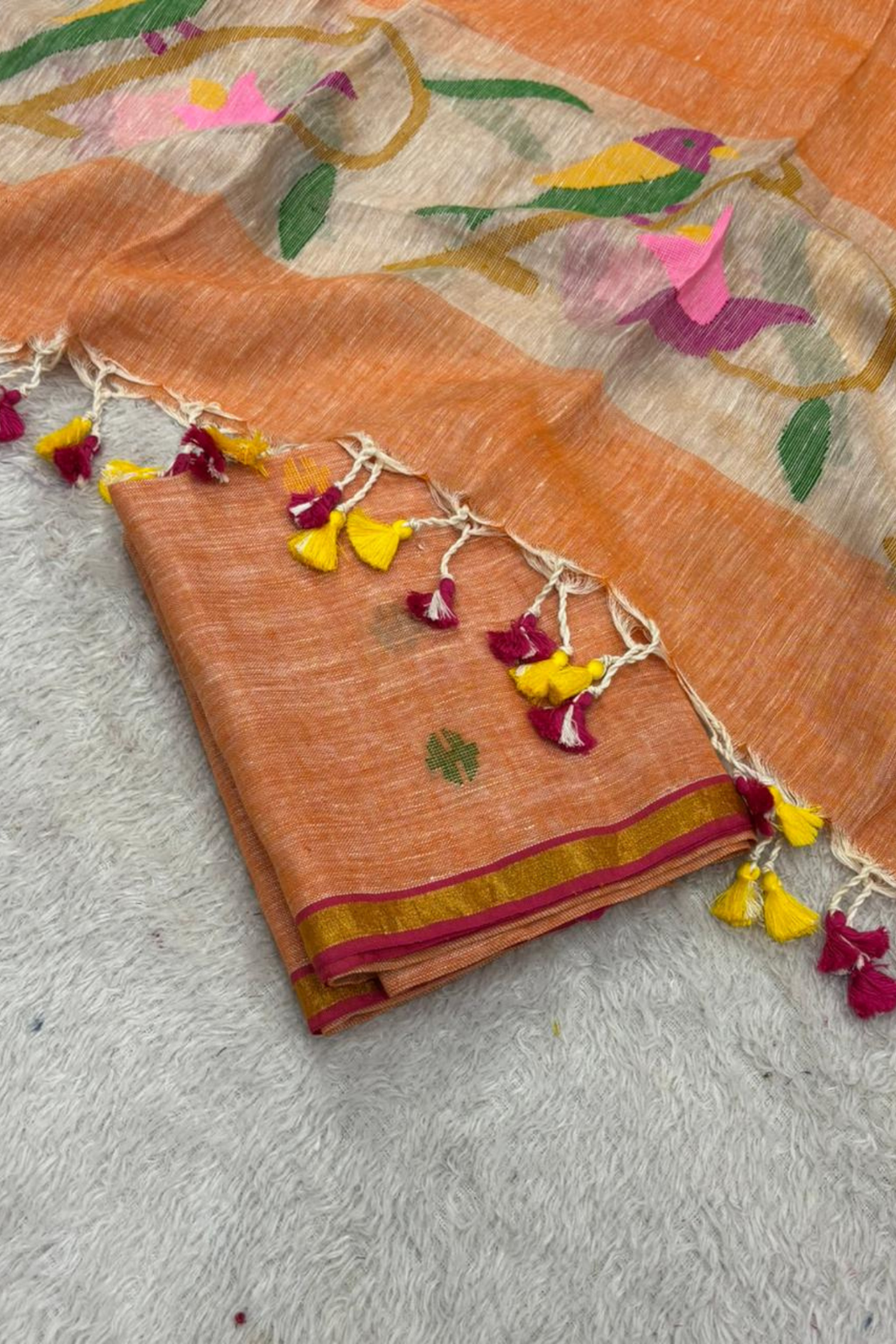 Linen Paithani Jamdani 2 Pc Set – Light orange