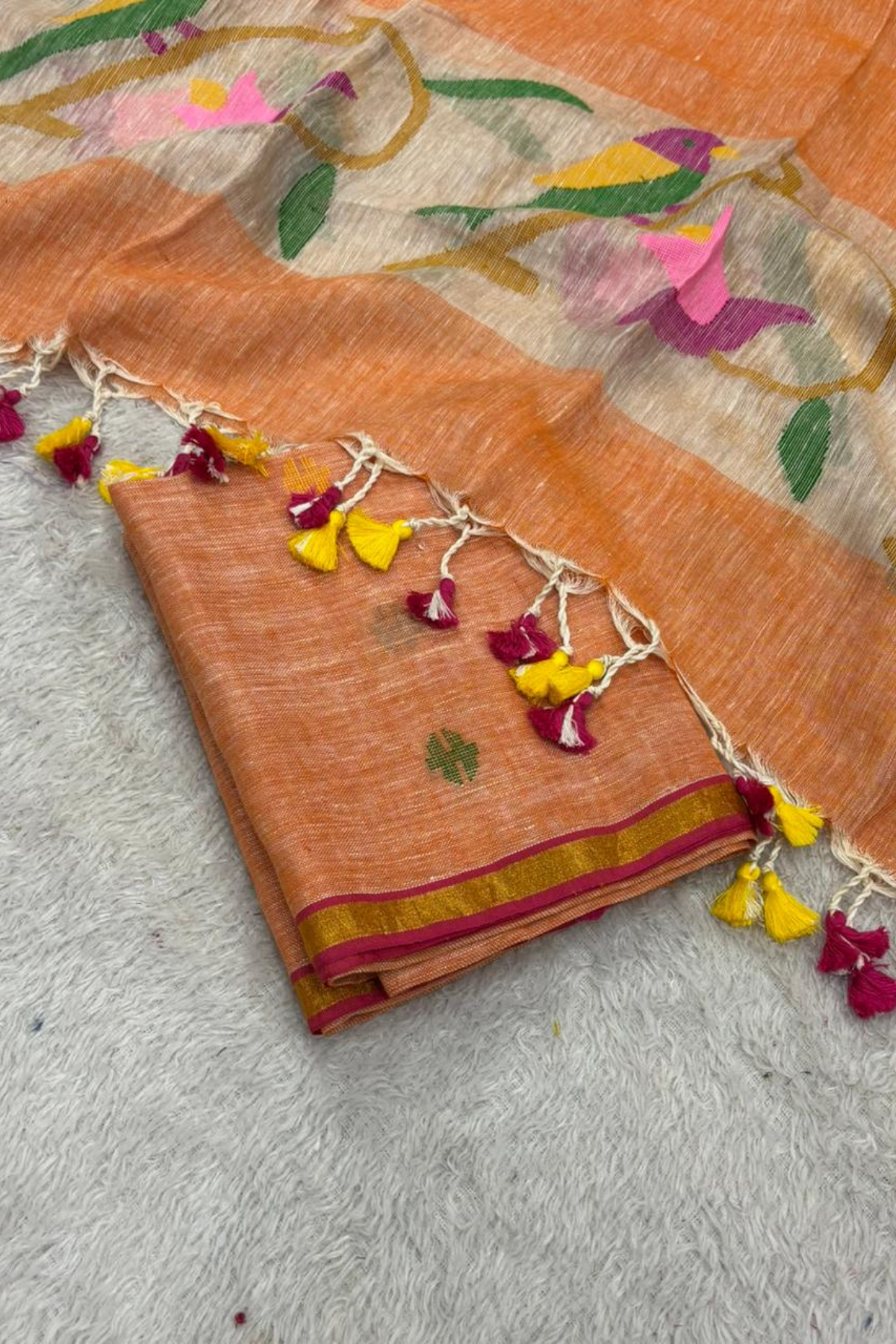 Linen Paithani Jamdani 2 Pc Set – Light orange