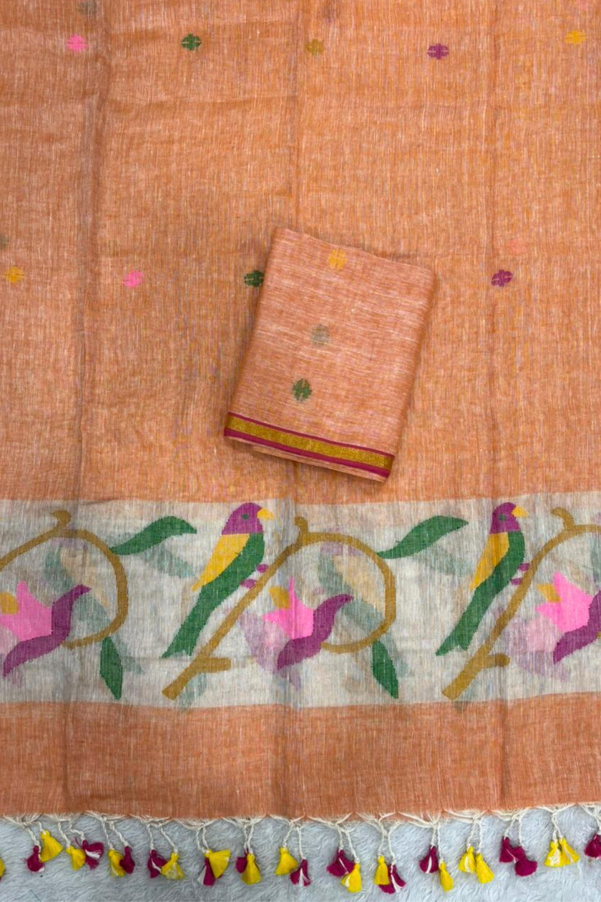 Linen Paithani Jamdani 2 Pc Set – Light orange