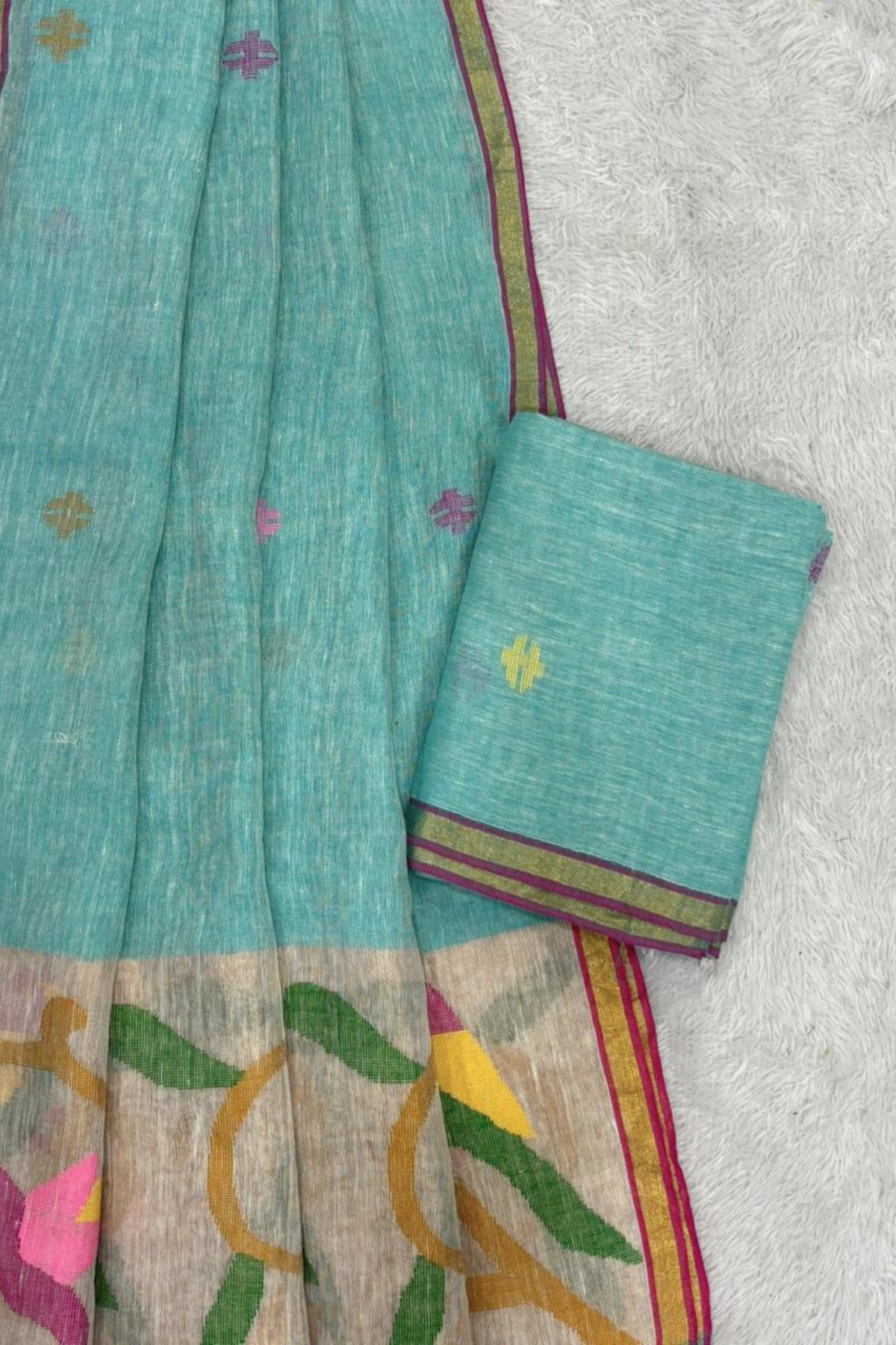 Linen Paithani Jamdani 2 Pc Set – turquoise color