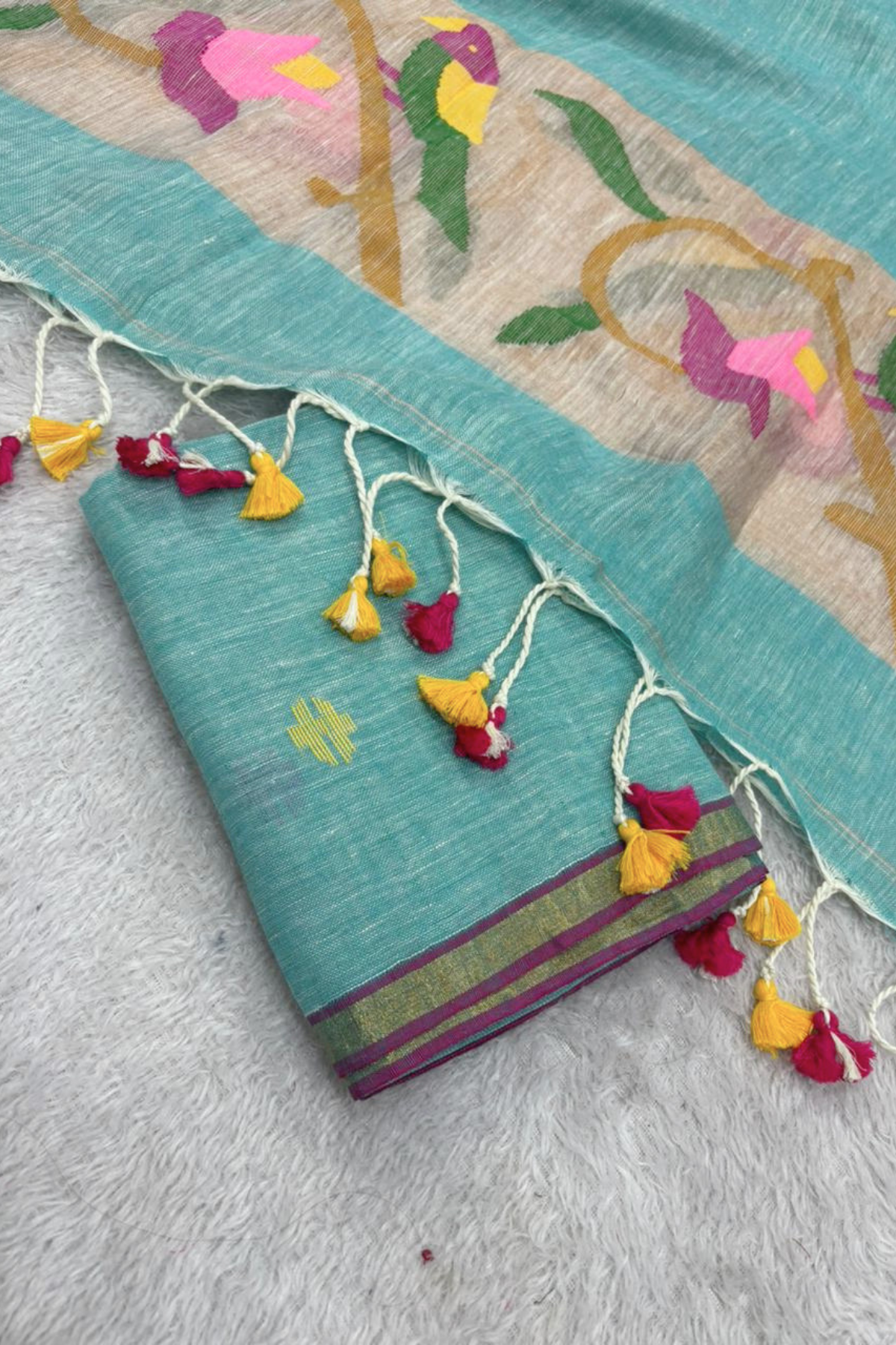 Linen Paithani Jamdani 2 Pc Set – turquoise color