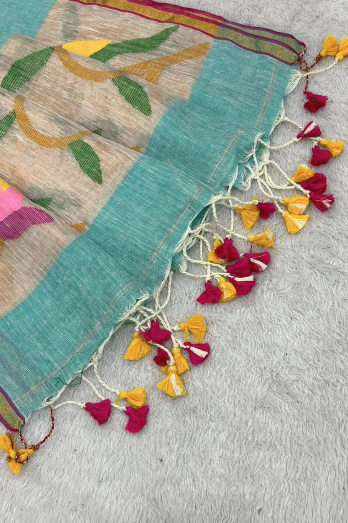 Linen Paithani Jamdani 2 Pc Set – turquoise color