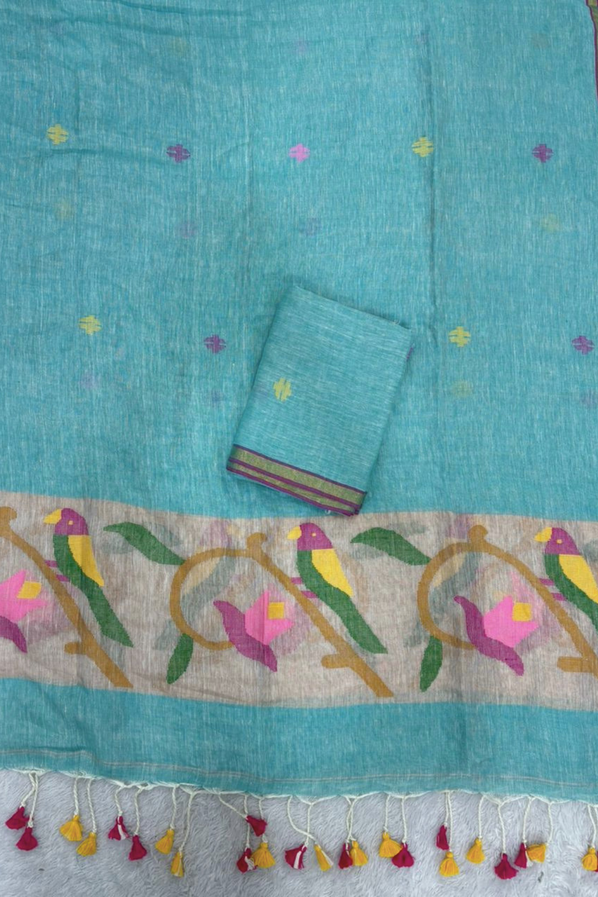 Linen Paithani Jamdani 2 Pc Set – turquoise color