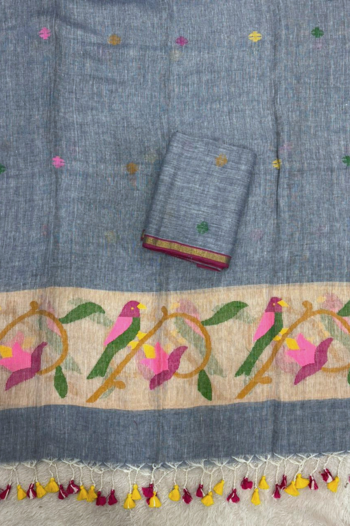 Linen Paithani Jamdani 2 Pc Set – Gray