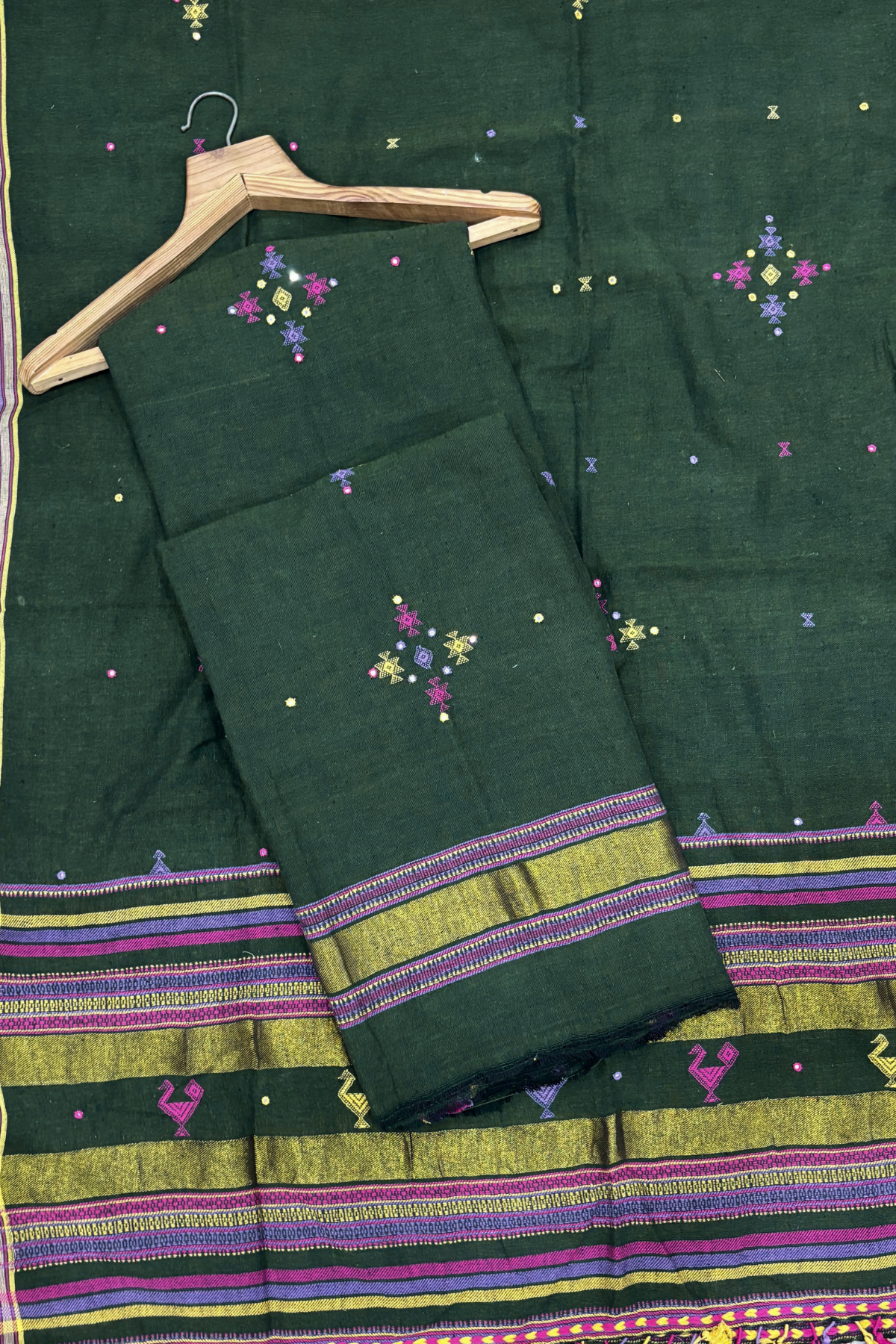Bhujodi(Kala Cotton)3 piece suit set - Forest Green