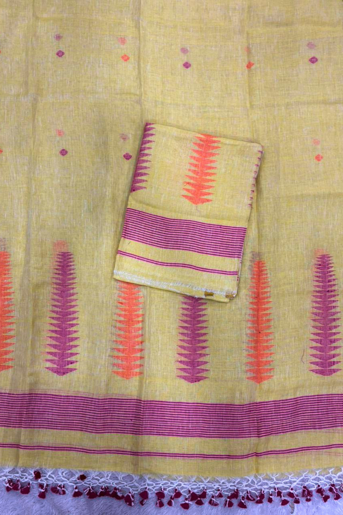 Jayshree Linen Jamdani 2 Pc Set – Light Lemon Yellow