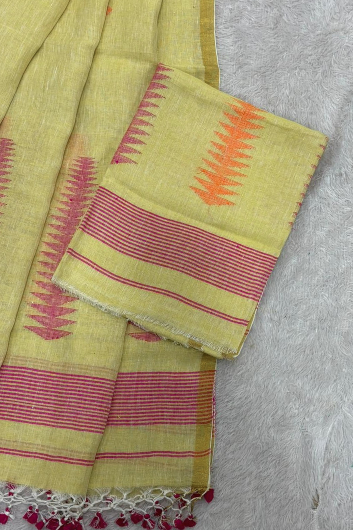 Jayshree Linen Jamdani 2 Pc Set – Light Lemon Yellow