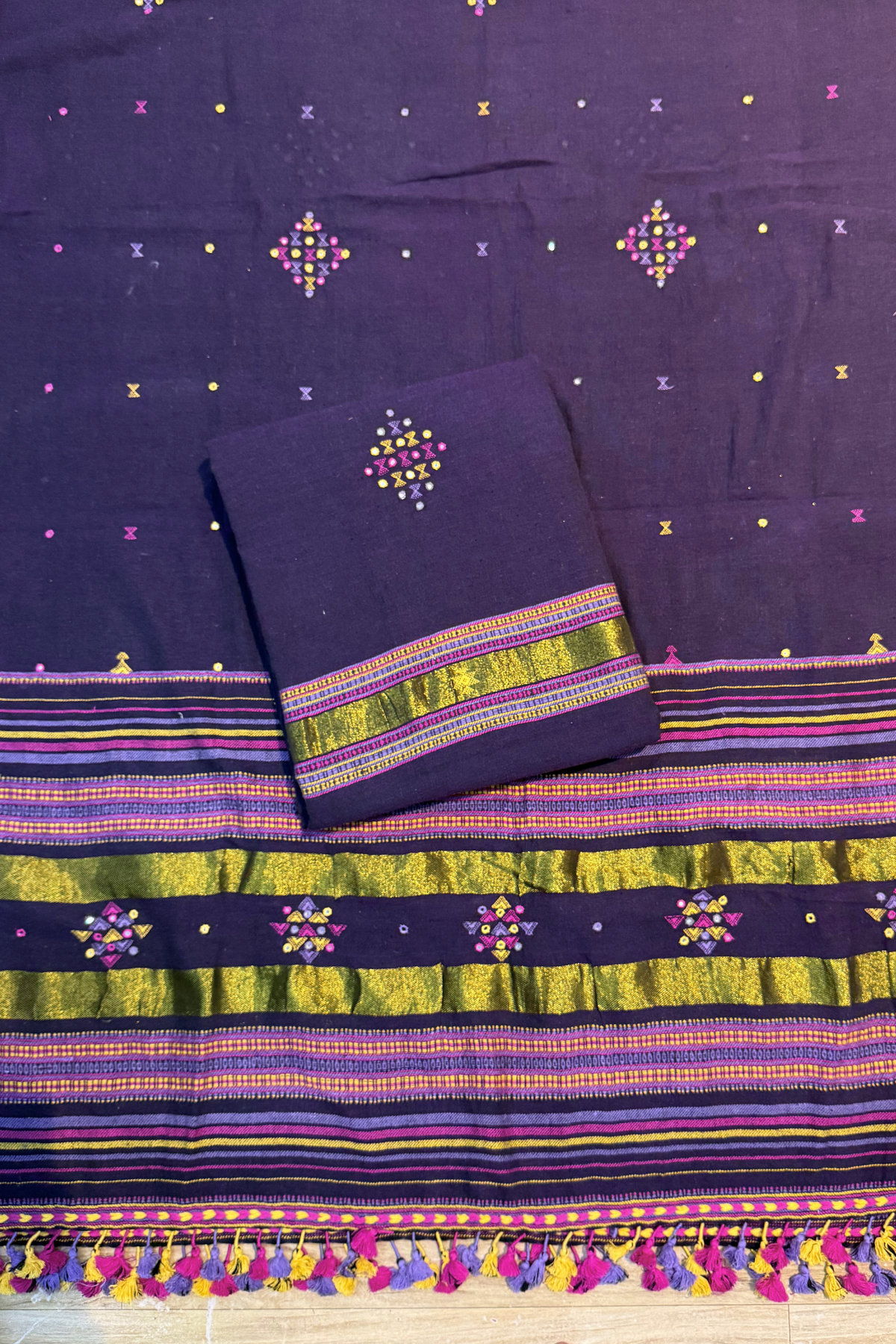 Bhujodi(Kala Cotton)3 piece suit set - Dark purple
