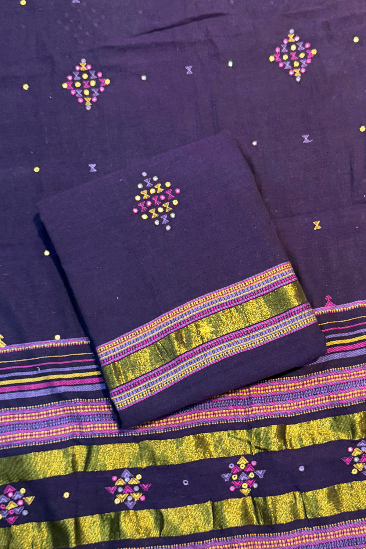 Bhujodi(Kala Cotton)3 piece suit set - Dark purple