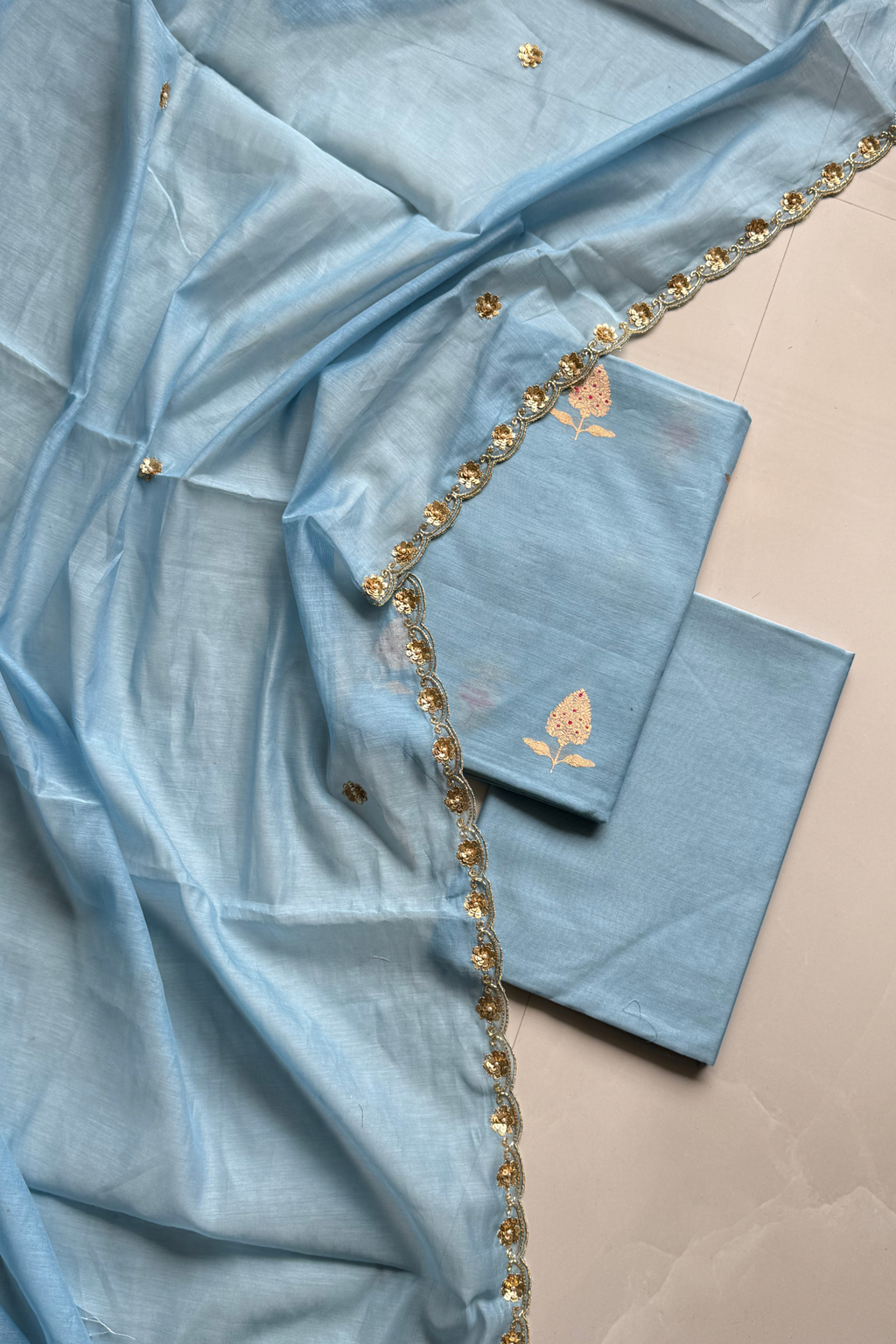 Pure Mul Chanderi Kadwa Weaving With Handwork  - Light Blue