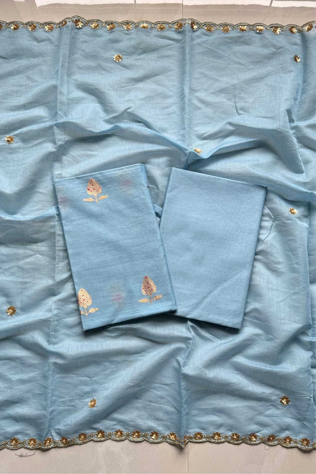 Pure Mul Chanderi Kadwa Weaving With Handwork  - Light Blue