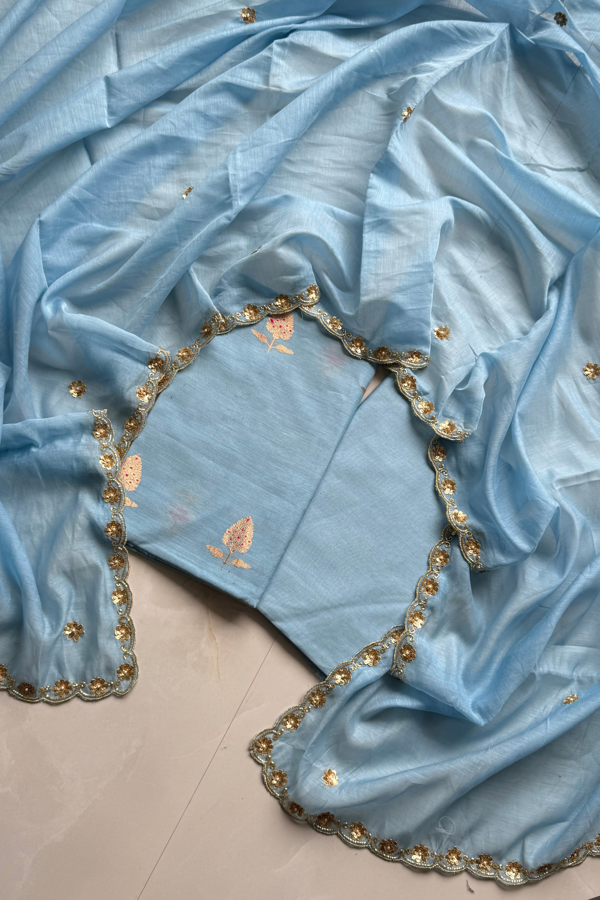 Pure Mul Chanderi Kadwa Weaving With Handwork  - Light Blue