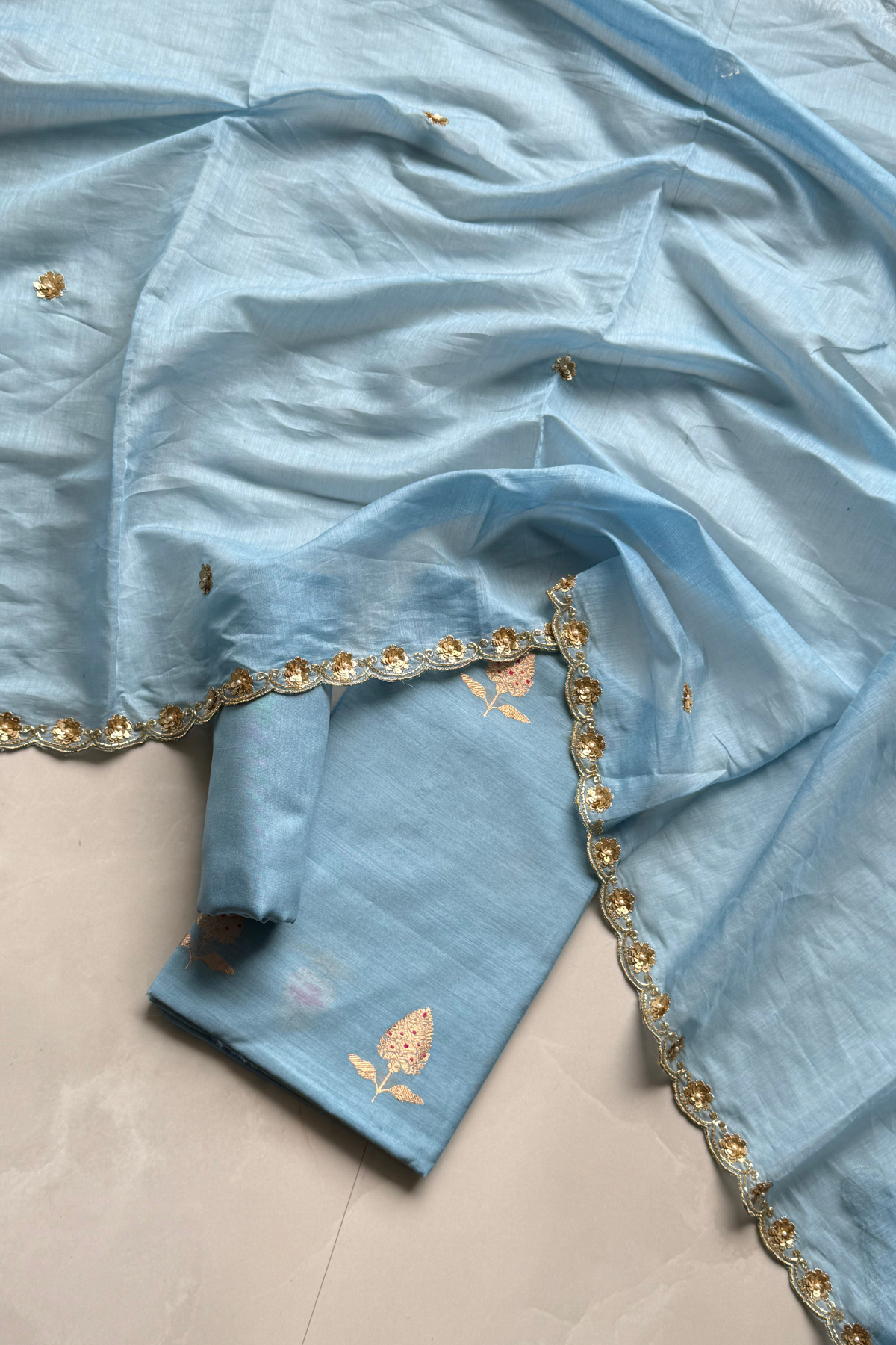 Pure Mul Chanderi Kadwa Weaving With Handwork  - Light Blue