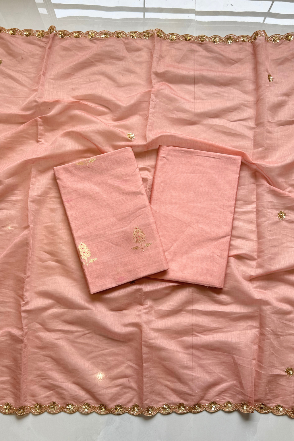 Pure Mul Chanderi Kadwa Weaving With Handwork  - Light Peach