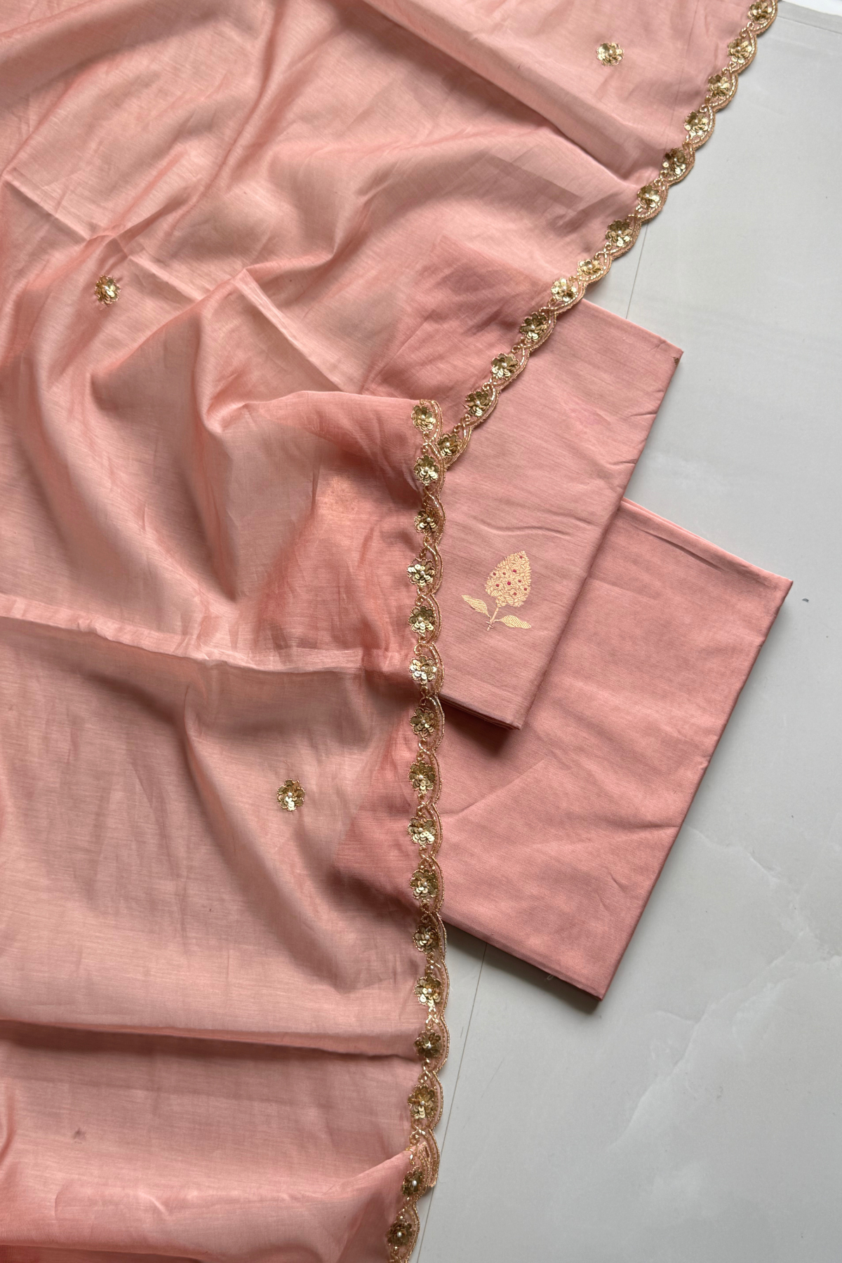 Pure Mul Chanderi Kadwa Weaving With Handwork  - Light Peach