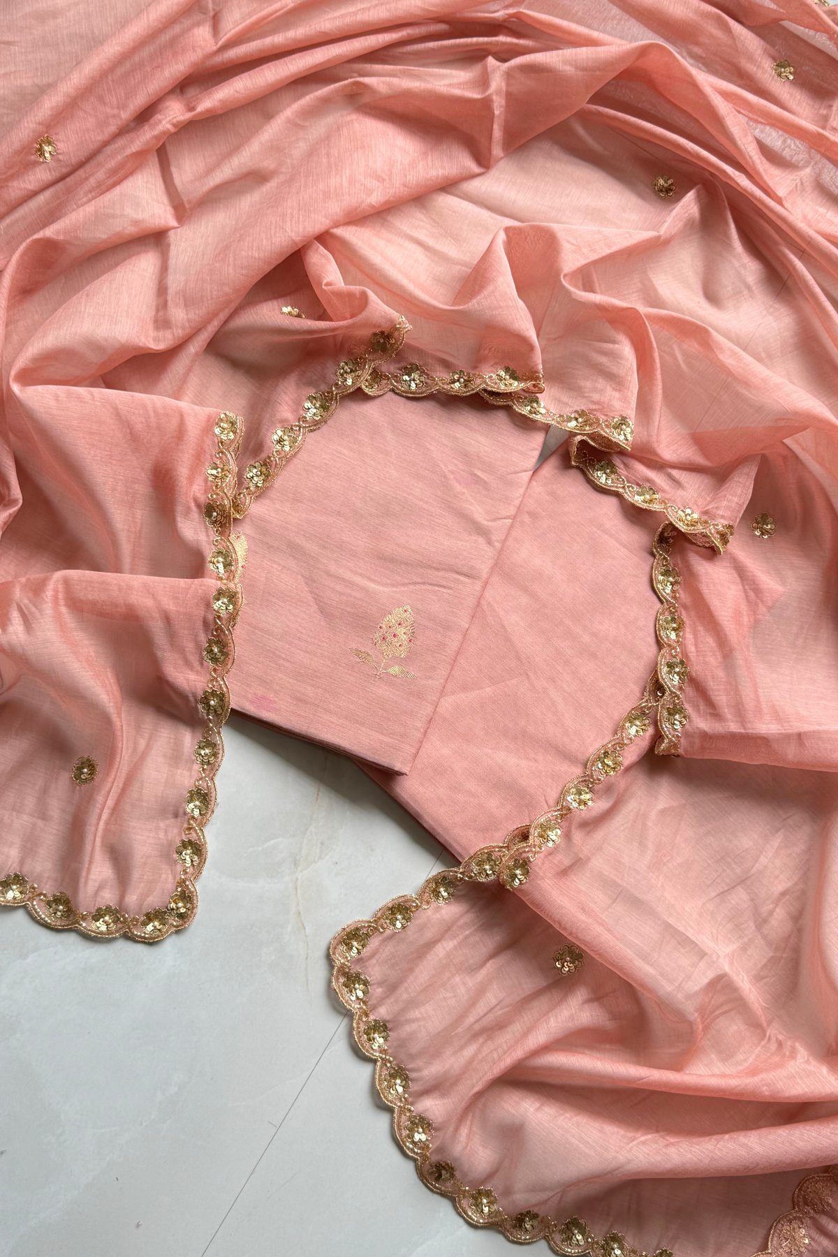 Pure Mul Chanderi Kadwa Weaving With Handwork  - Light Peach