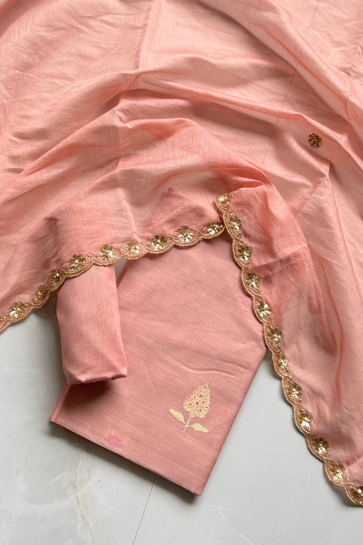 Pure Mul Chanderi Kadwa Weaving With Handwork  - Light Peach
