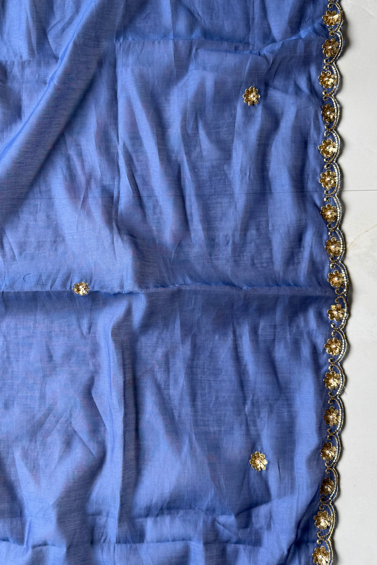 Pure Mul Chanderi Kadwa Weaving With Handwork  - Blue