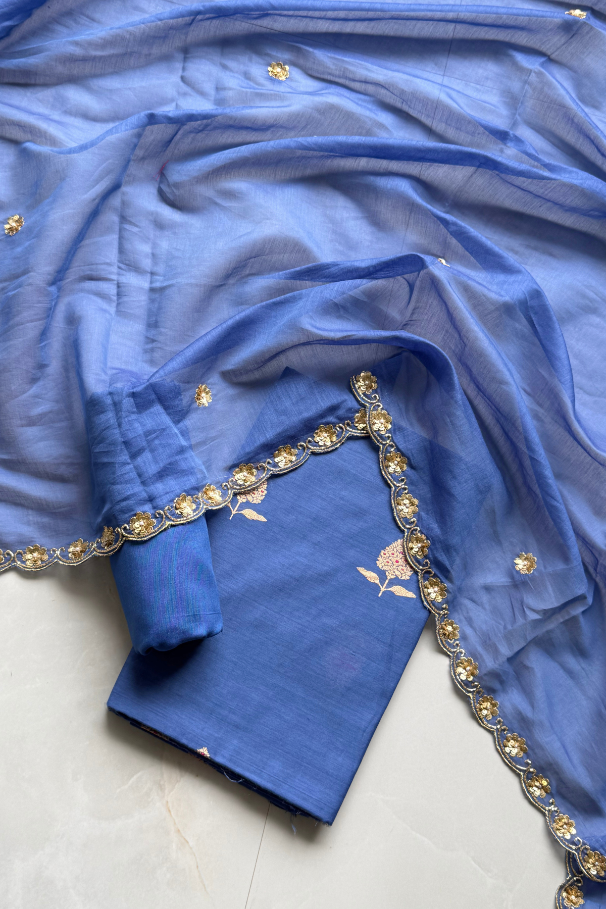 Pure Mul Chanderi Kadwa Weaving With Handwork  - Blue