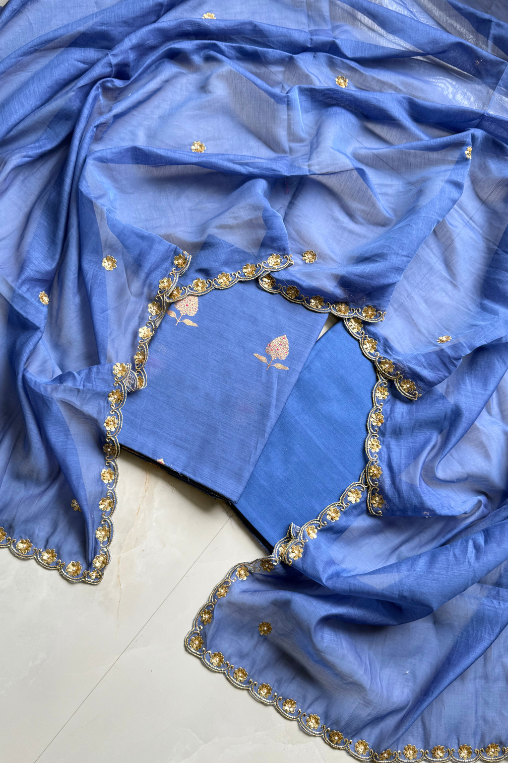 Pure Mul Chanderi Kadwa Weaving With Handwork  - Blue