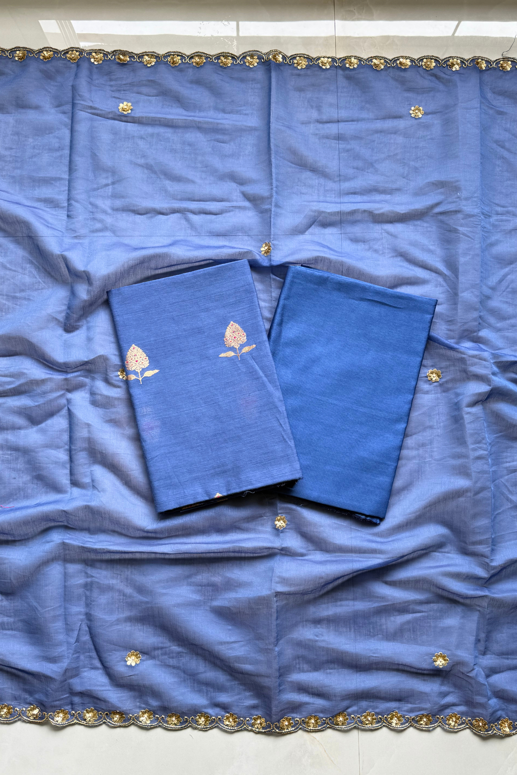 Pure Mul Chanderi Kadwa Weaving With Handwork  - Blue