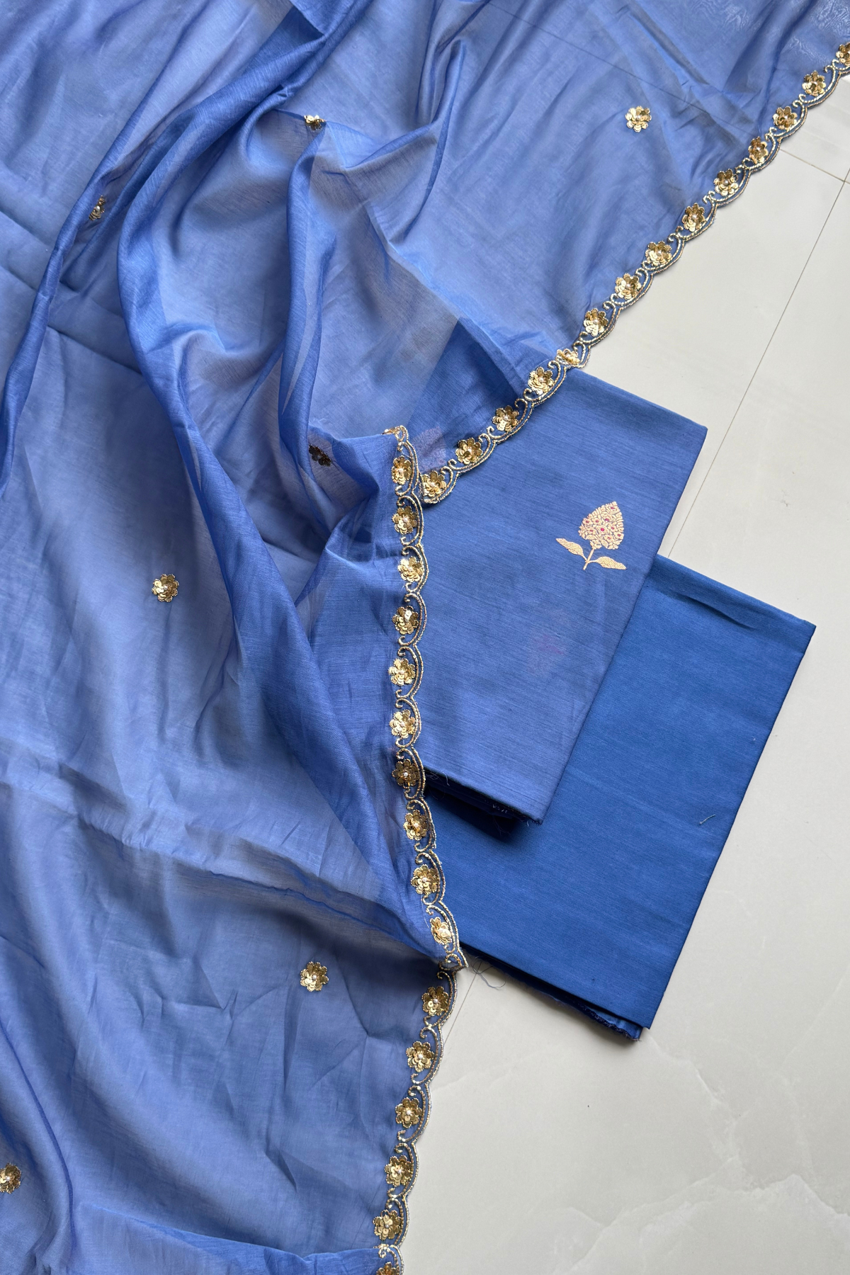 Pure Mul Chanderi Kadwa Weaving With Handwork  - Blue