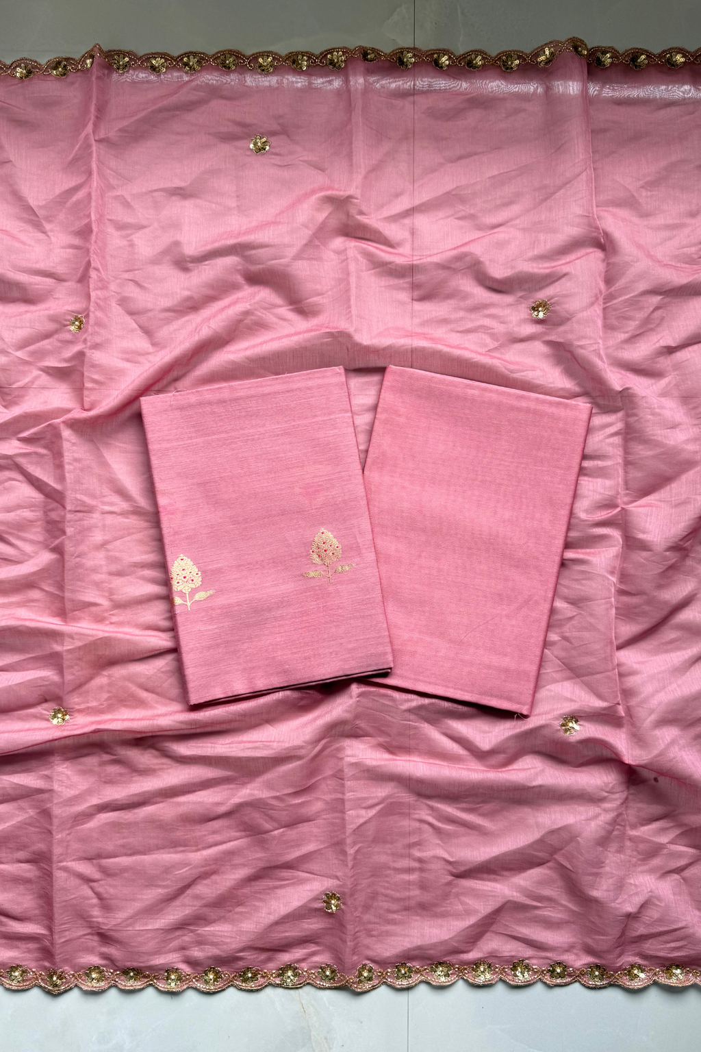 Pure Mul Chanderi Kadwa Weaving With Handwork  - Pink