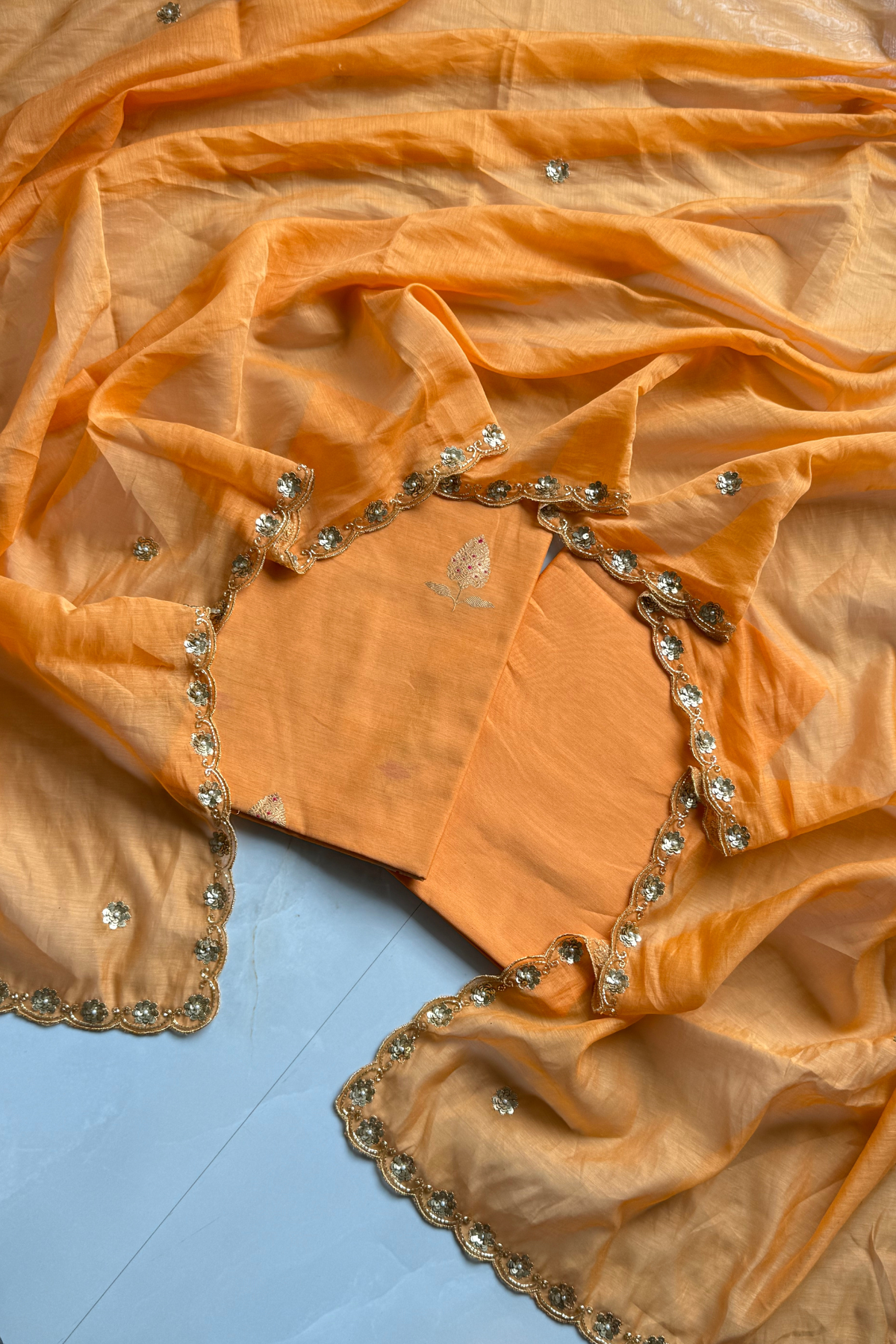 Pure Mul Chanderi Kadwa Weaving With Handwork  - Light Orange