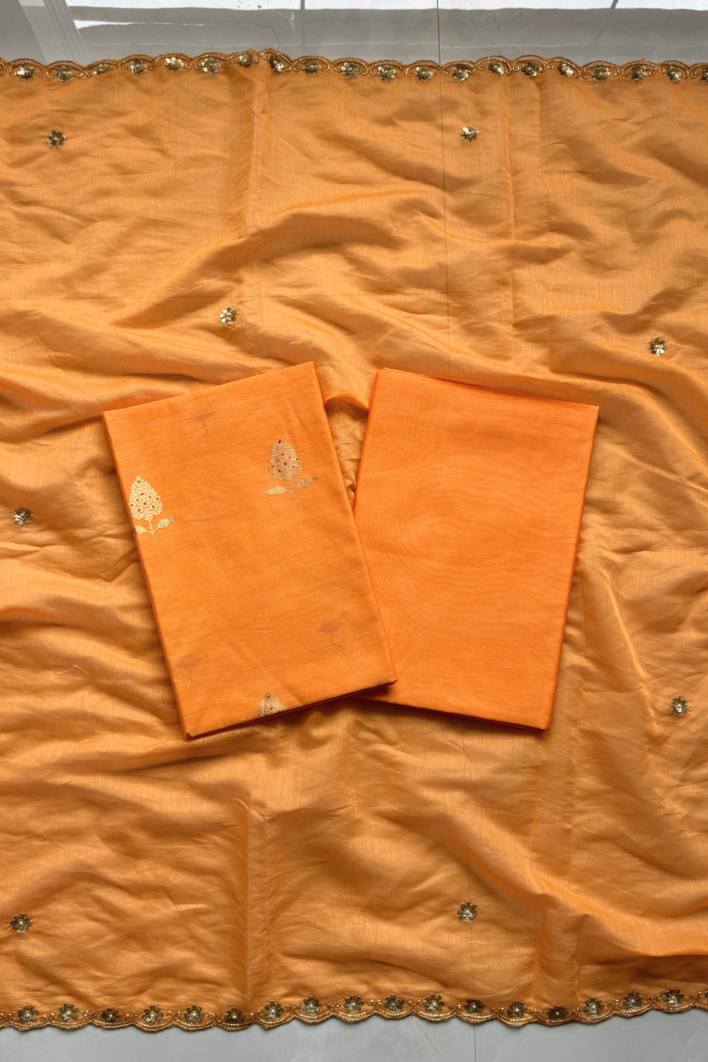 Pure Mul Chanderi Kadwa Weaving With Handwork  - Light Orange