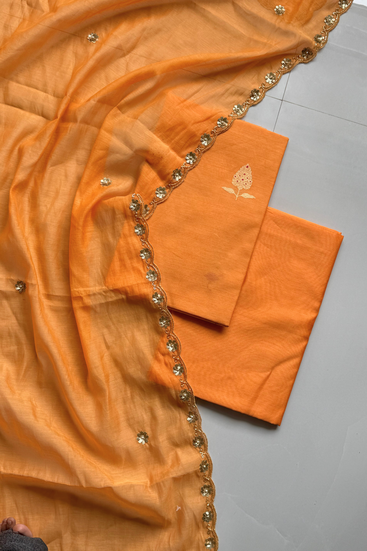 Pure Mul Chanderi Kadwa Weaving With Handwork  - Light Orange