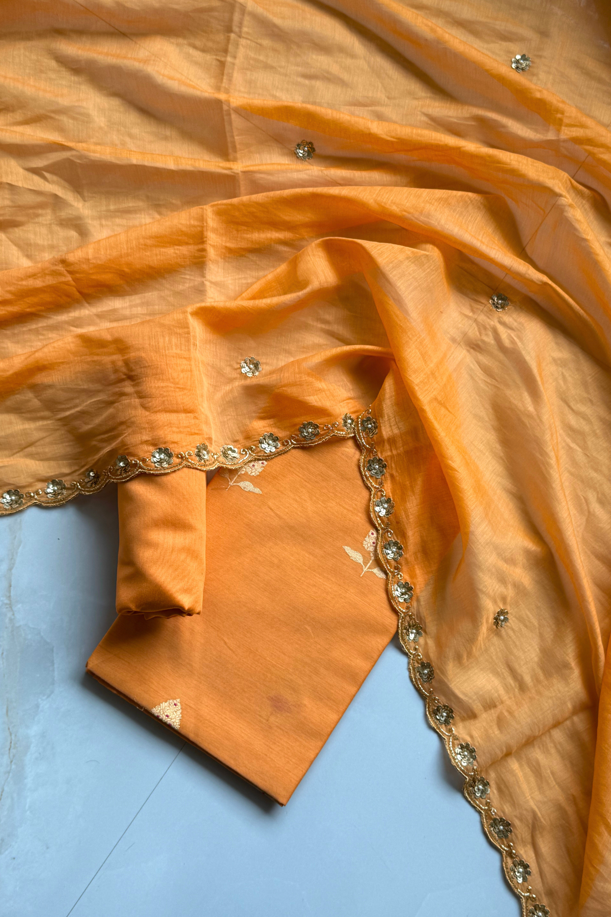 Pure Mul Chanderi Kadwa Weaving With Handwork  - Light Orange