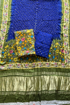 Bandhej With Kalamkari Print - 3 pc Unstiched Suit Set - Olive Green & Blue