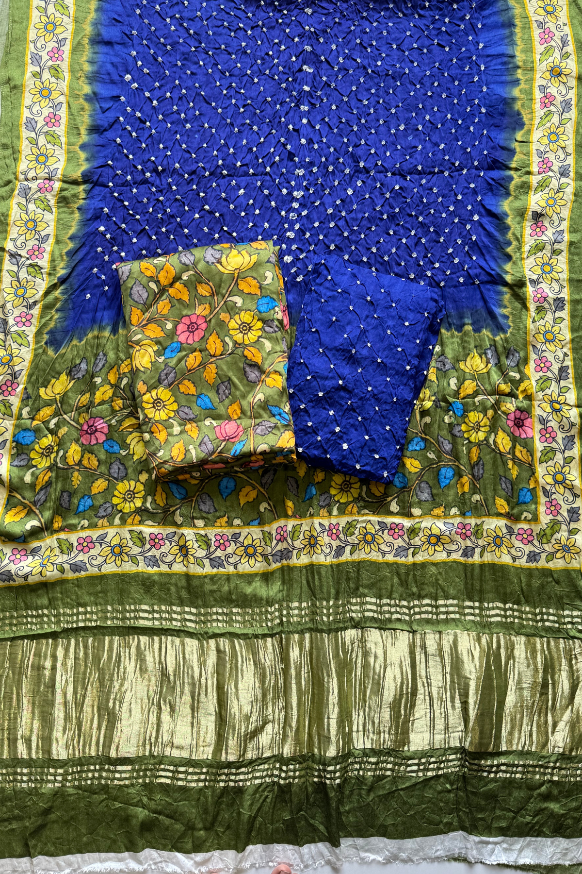 Bandhej With Kalamkari Print - 3 pc Unstiched Suit Set - Olive Green & Blue