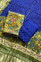 Bandhej With Kalamkari Print - 3 pc Unstiched Suit Set - Olive Green & Blue