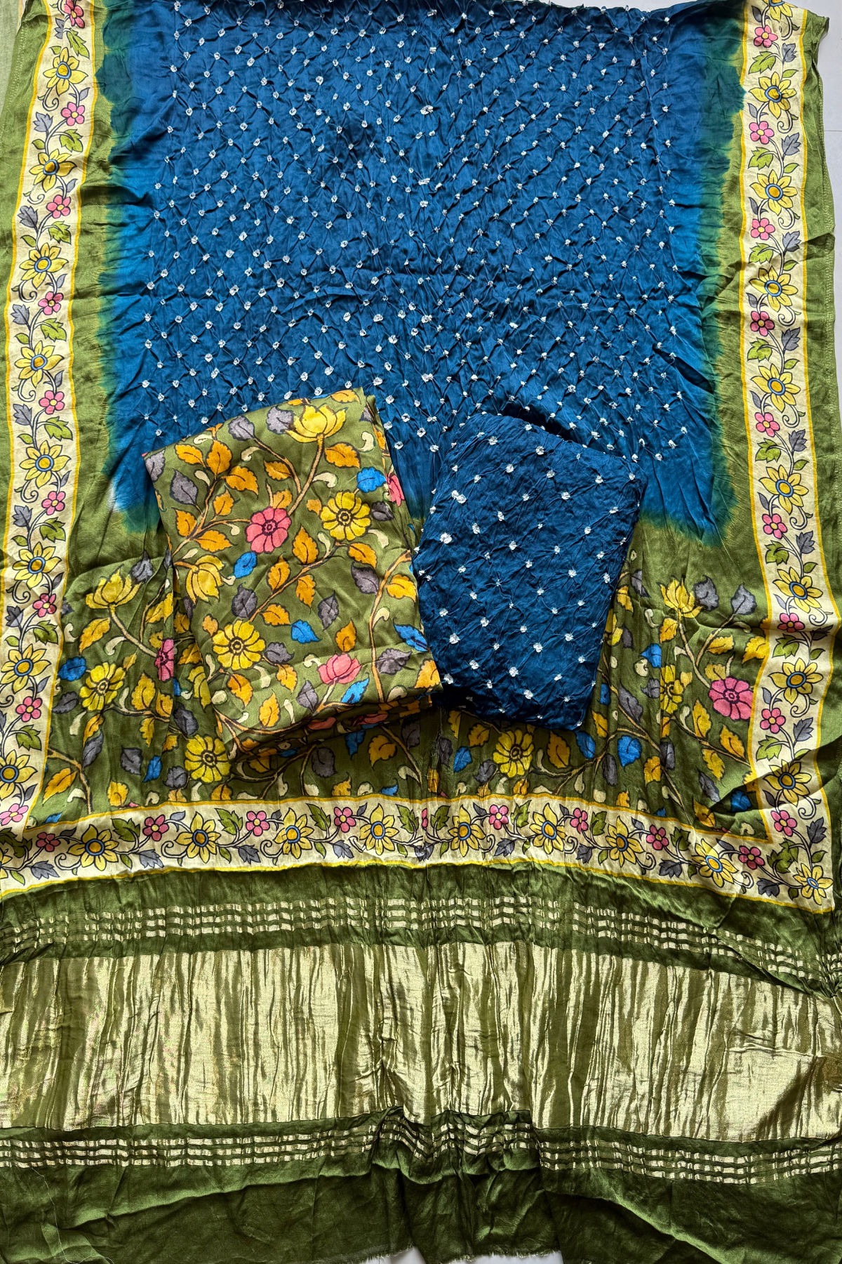 Bandhej With Kalamkari Print - 3 pc Unstiched Suit Set - Olive Green & Peacock Green