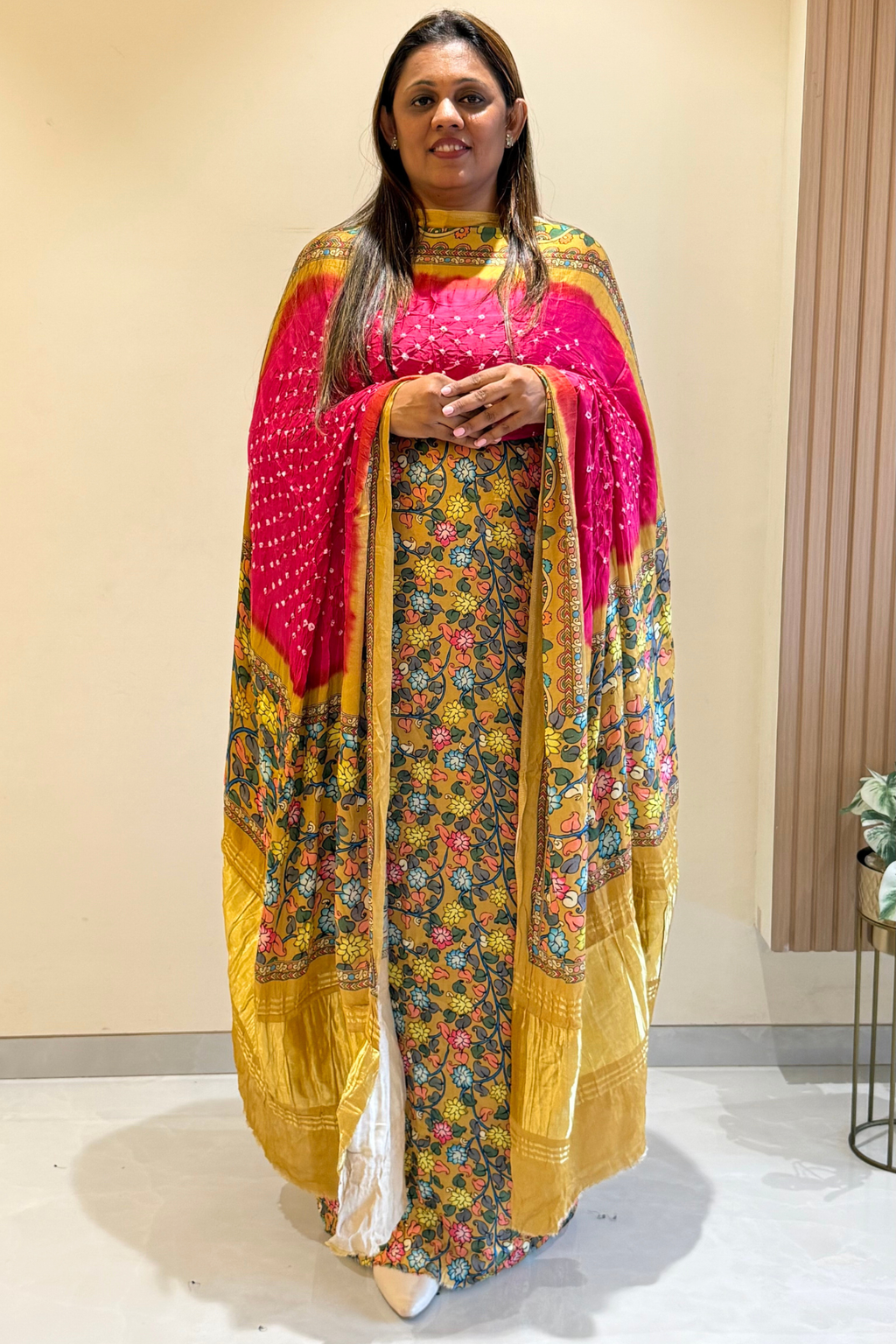 Bandhej With Kalamkari Print - 3 pc Unstiched Suit Set - Pink & Mustard Yellow