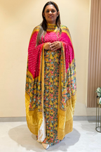 Bandhej With Kalamkari Print - 3 pc Unstiched Suit Set - Pink & Mustard Yellow