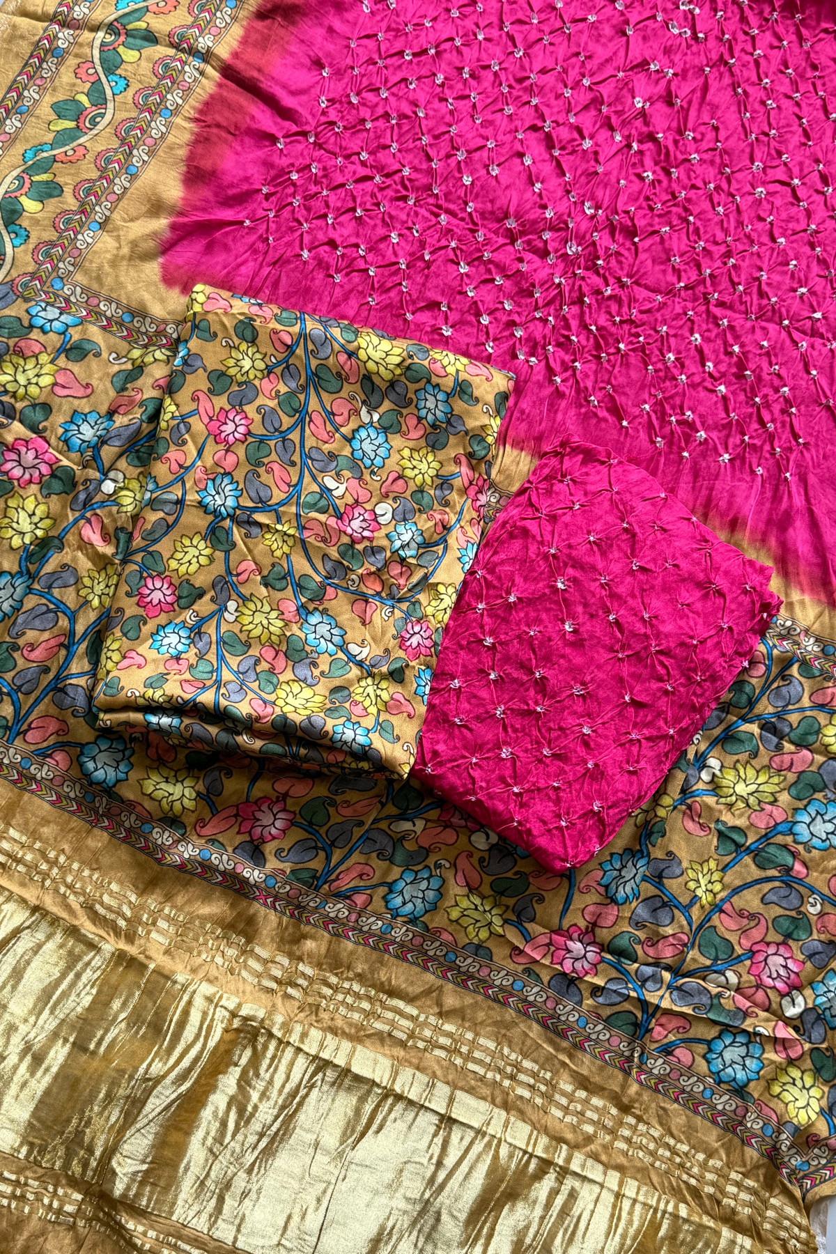 Bandhej With Kalamkari Print - 3 pc Unstiched Suit Set - Pink & Mustard Yellow