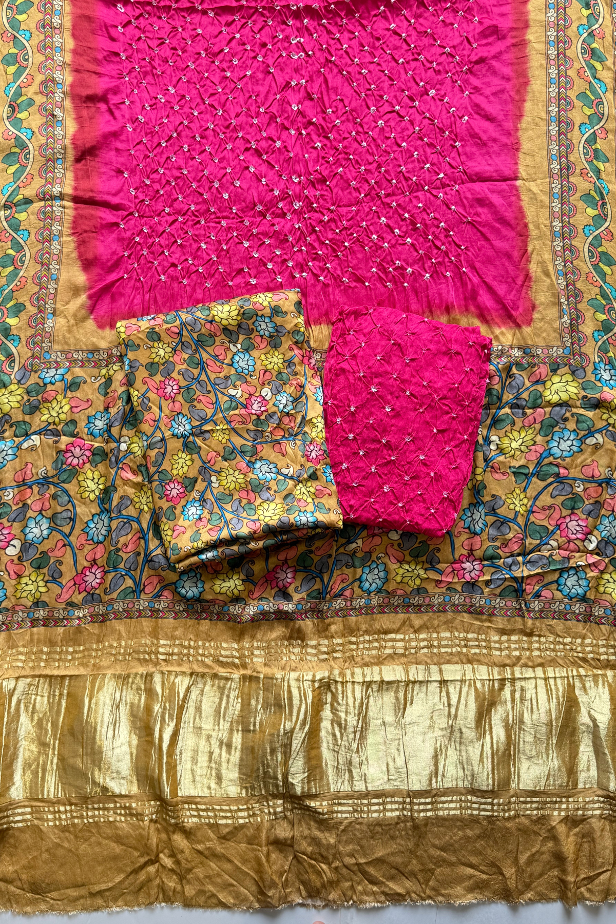 Bandhej With Kalamkari Print - 3 pc Unstiched Suit Set - Pink & Mustard Yellow
