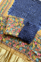 Bandhej With Kalamkari Print - 3 pc Unstiched Suit Set - Gray & Musttard Yellow